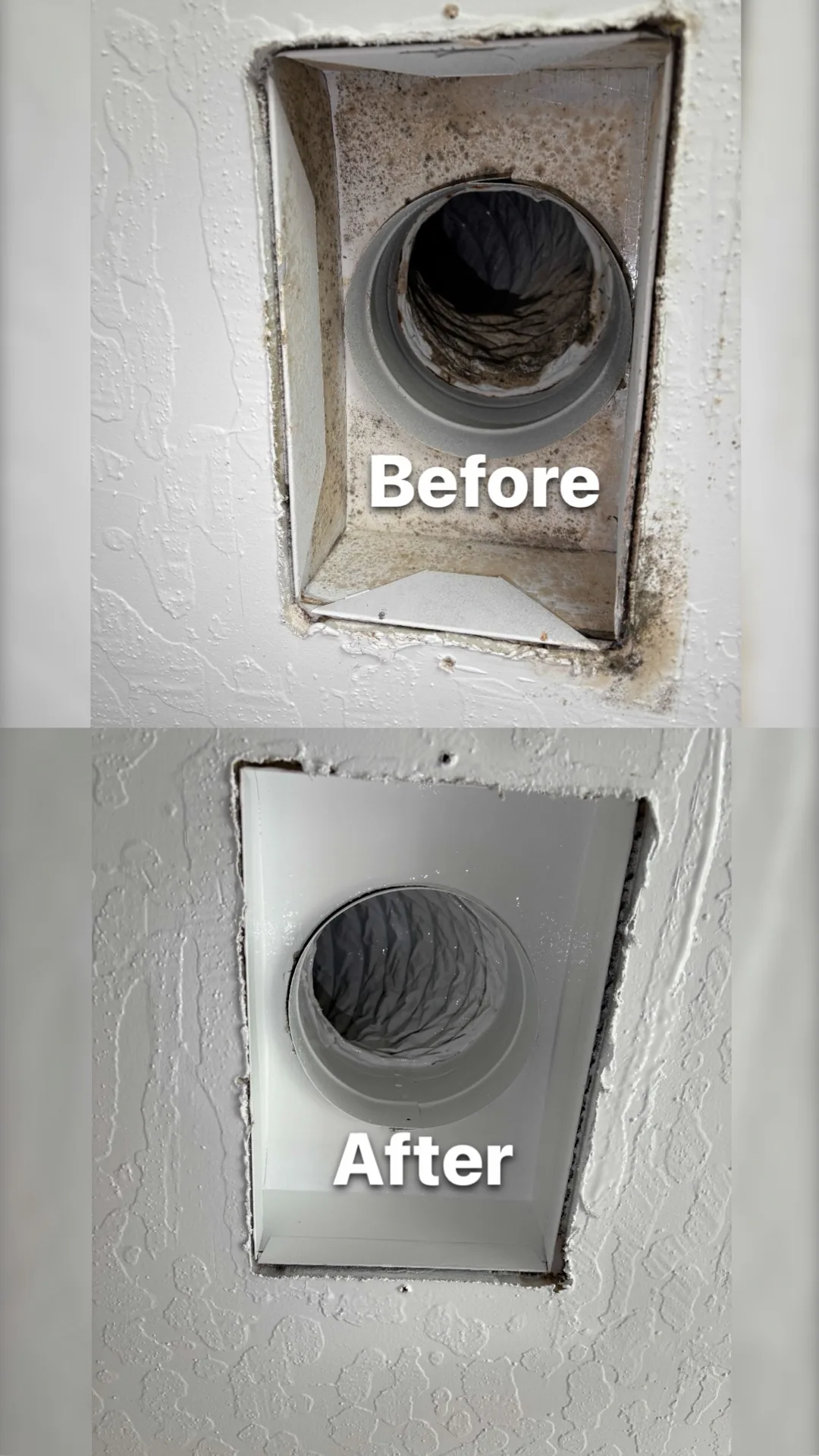 Stacked air duct opening comparison showing the interior before and after cleaning