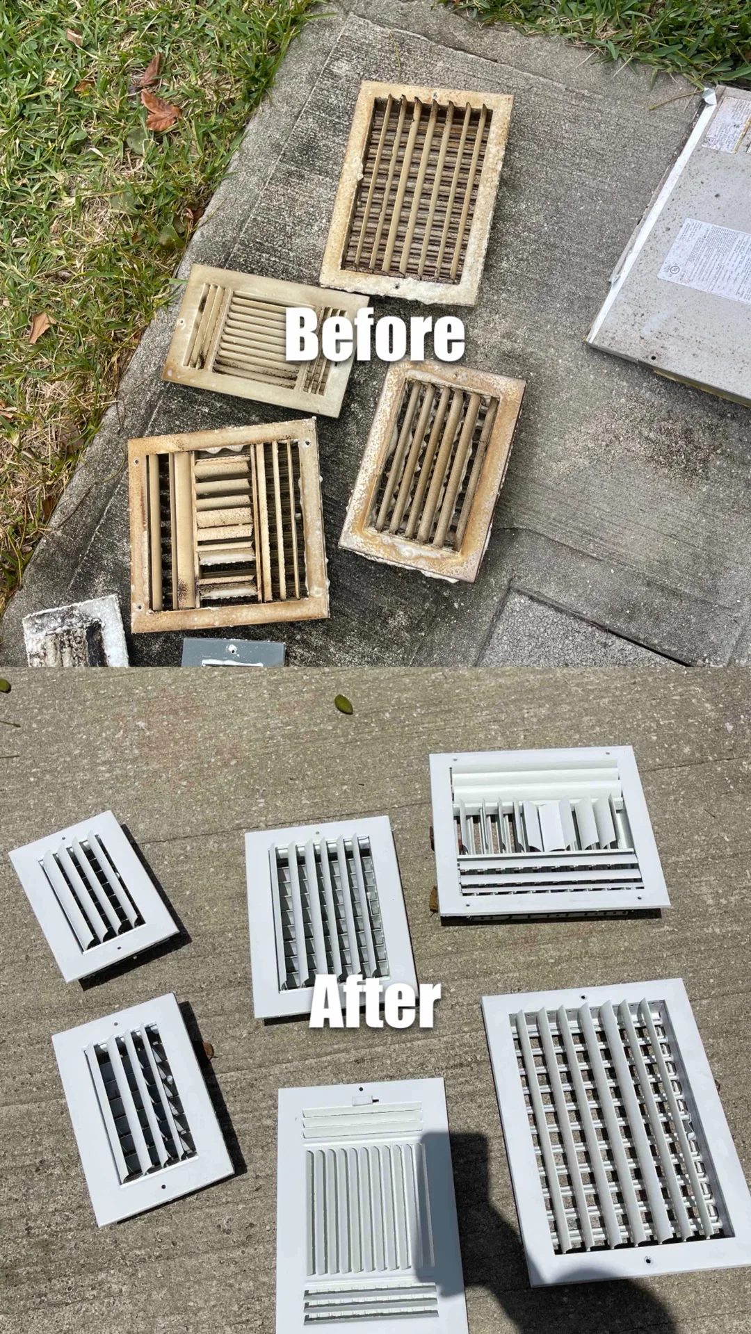 Stacked before-and-after comparison of soiled and cleaned air vent registers