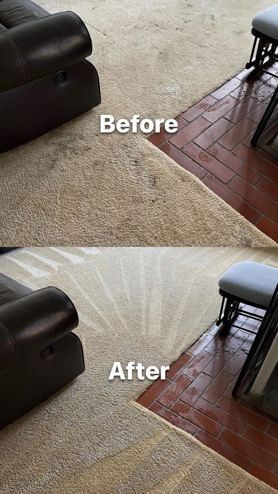 Stacked carpet comparison showing visible soil before cleaning and grooming lines afterward