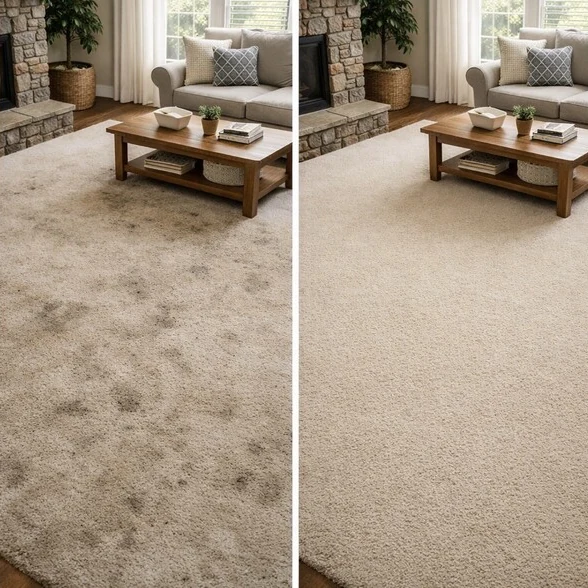 Side-by-side living room carpet comparison showing visible soil before cleaning and a more uniform appearance after service