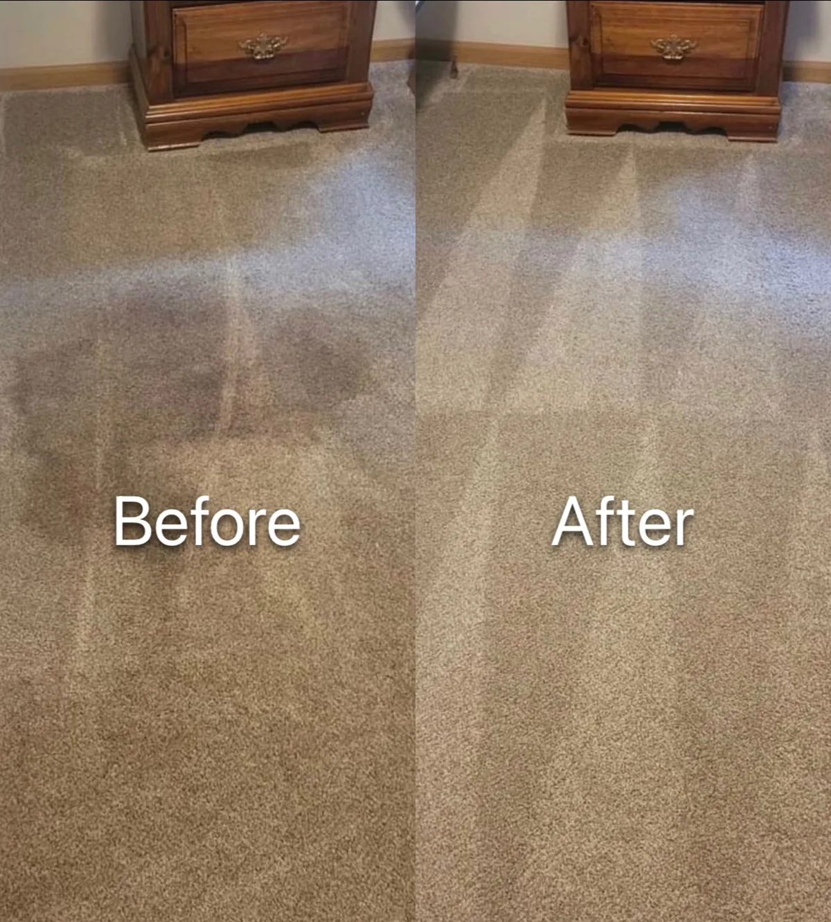 Side-by-side beige carpet comparison showing a dark stain before cleaning and the cleaned area after service