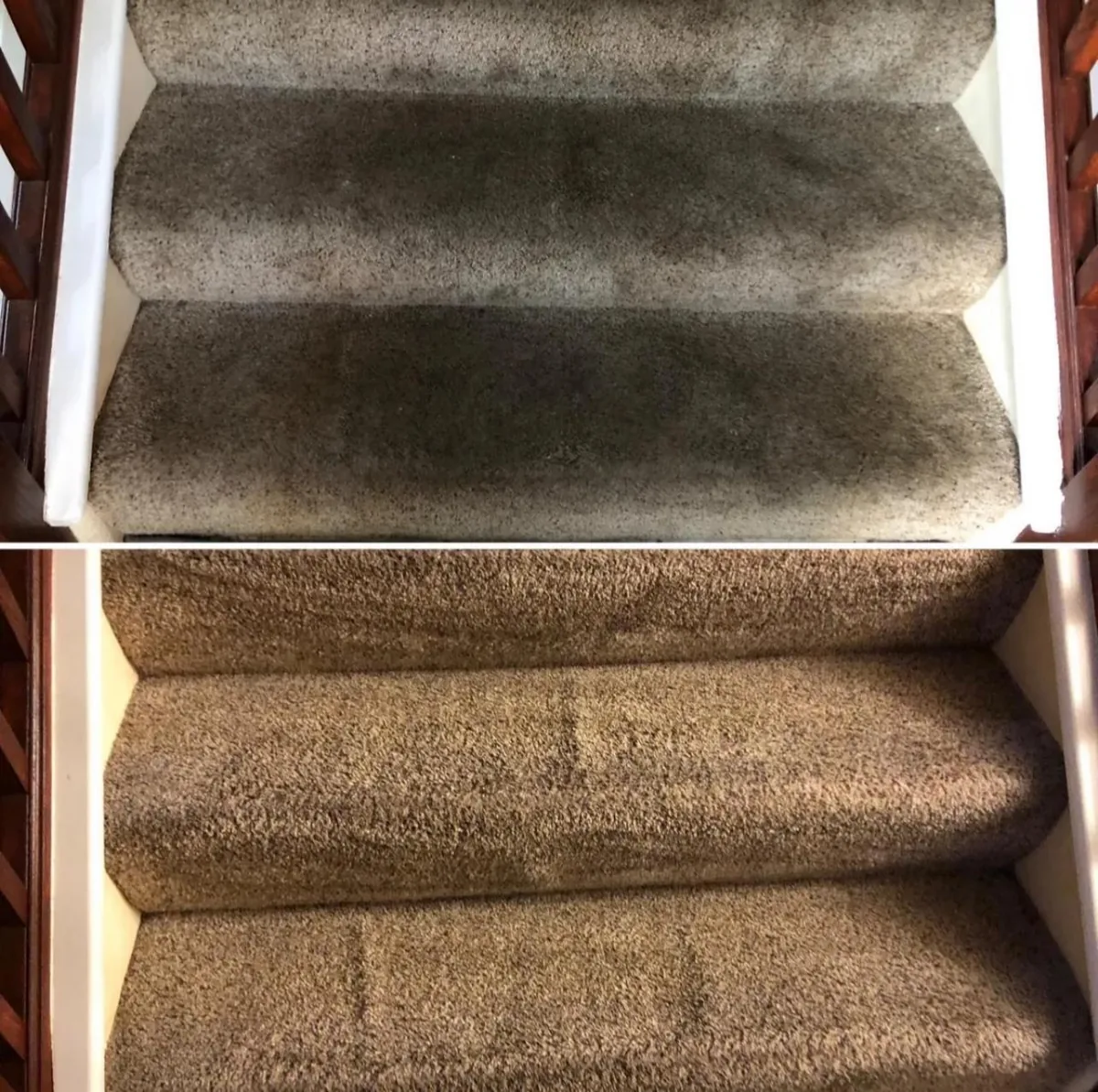 Before-and-after carpeted stairs showing darker soiled steps and the cleaned stair carpet
