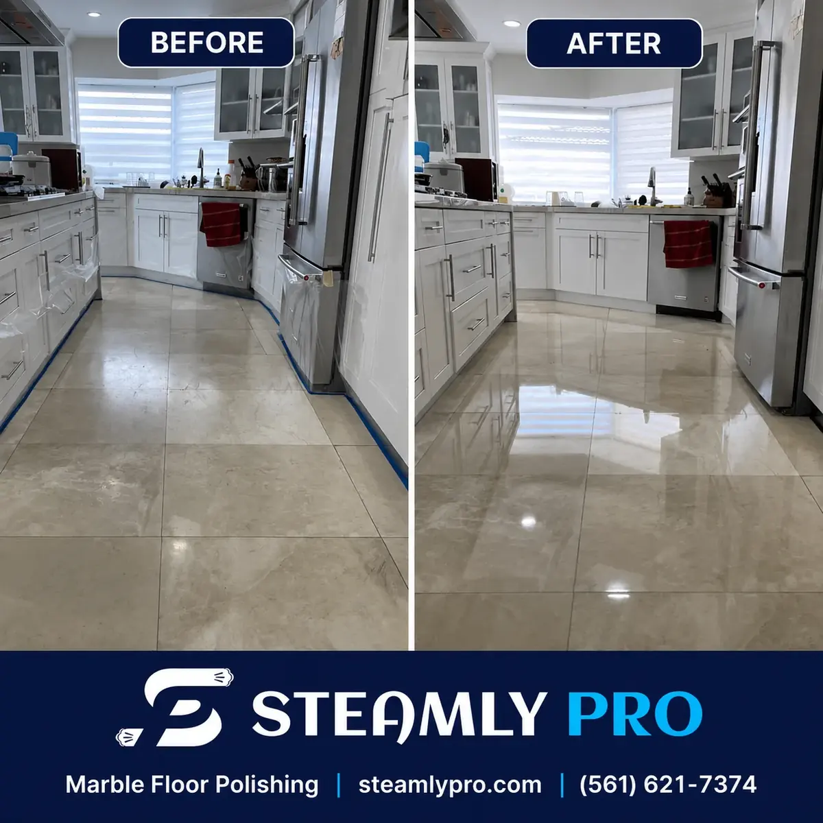 Real Steamly Pro marble floor polishing before and after