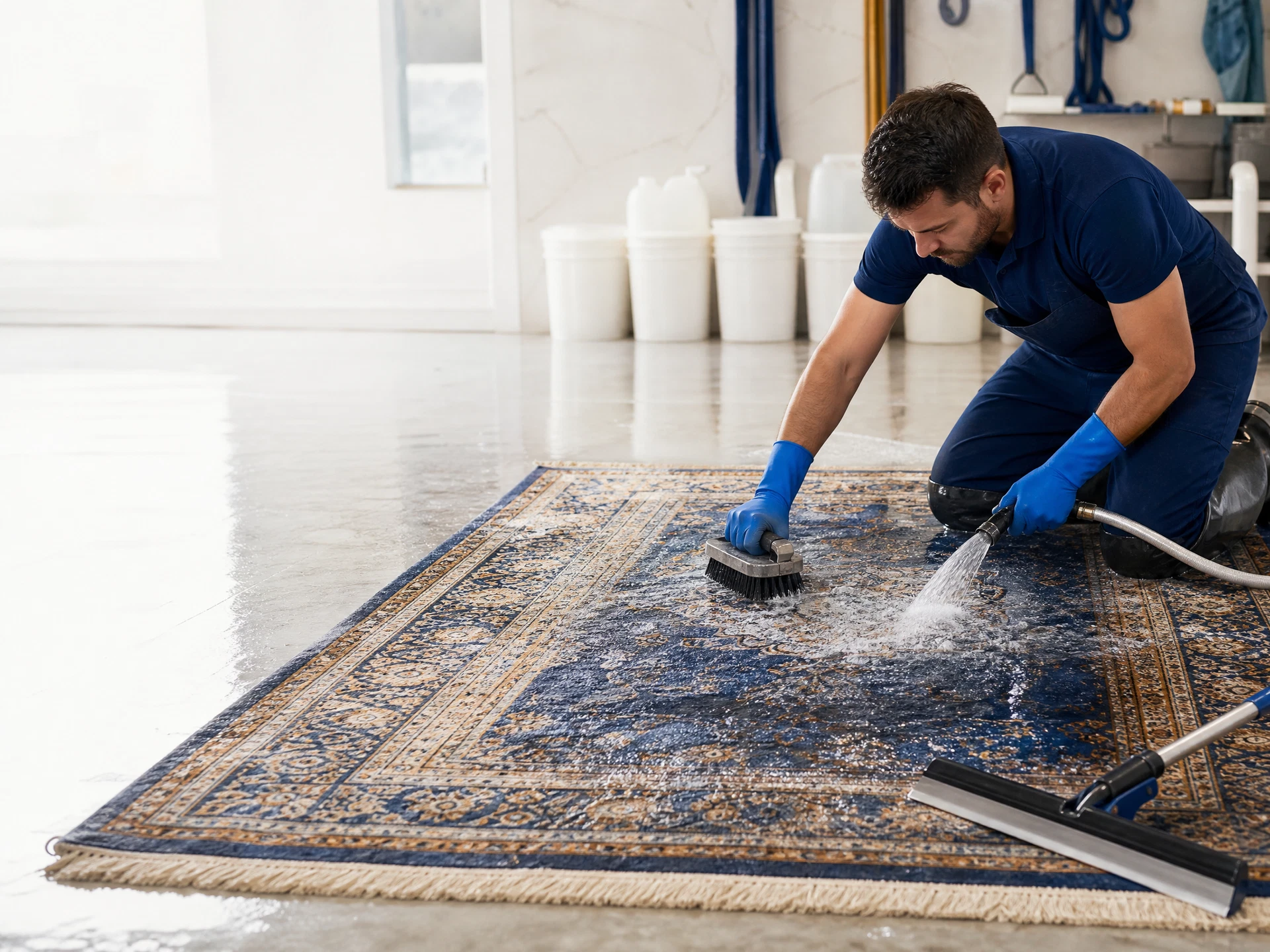 Illustrative preview of a controlled area rug handwashing workspace; not Steamly Pro job proof
