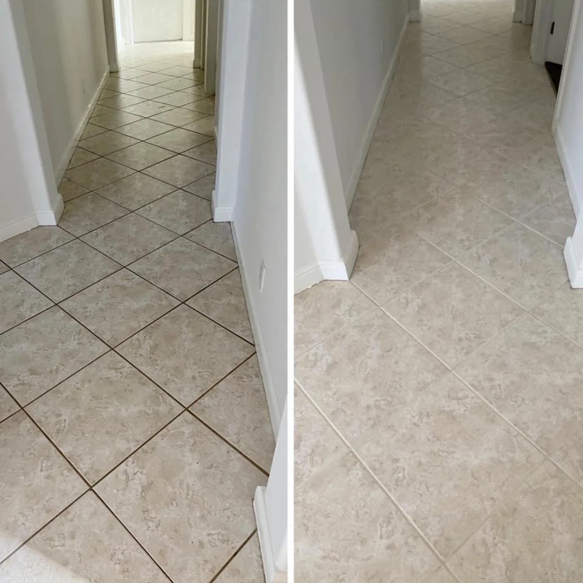 Side-by-side tiled hallway showing darker grout before cleaning and lighter grout after cleaning